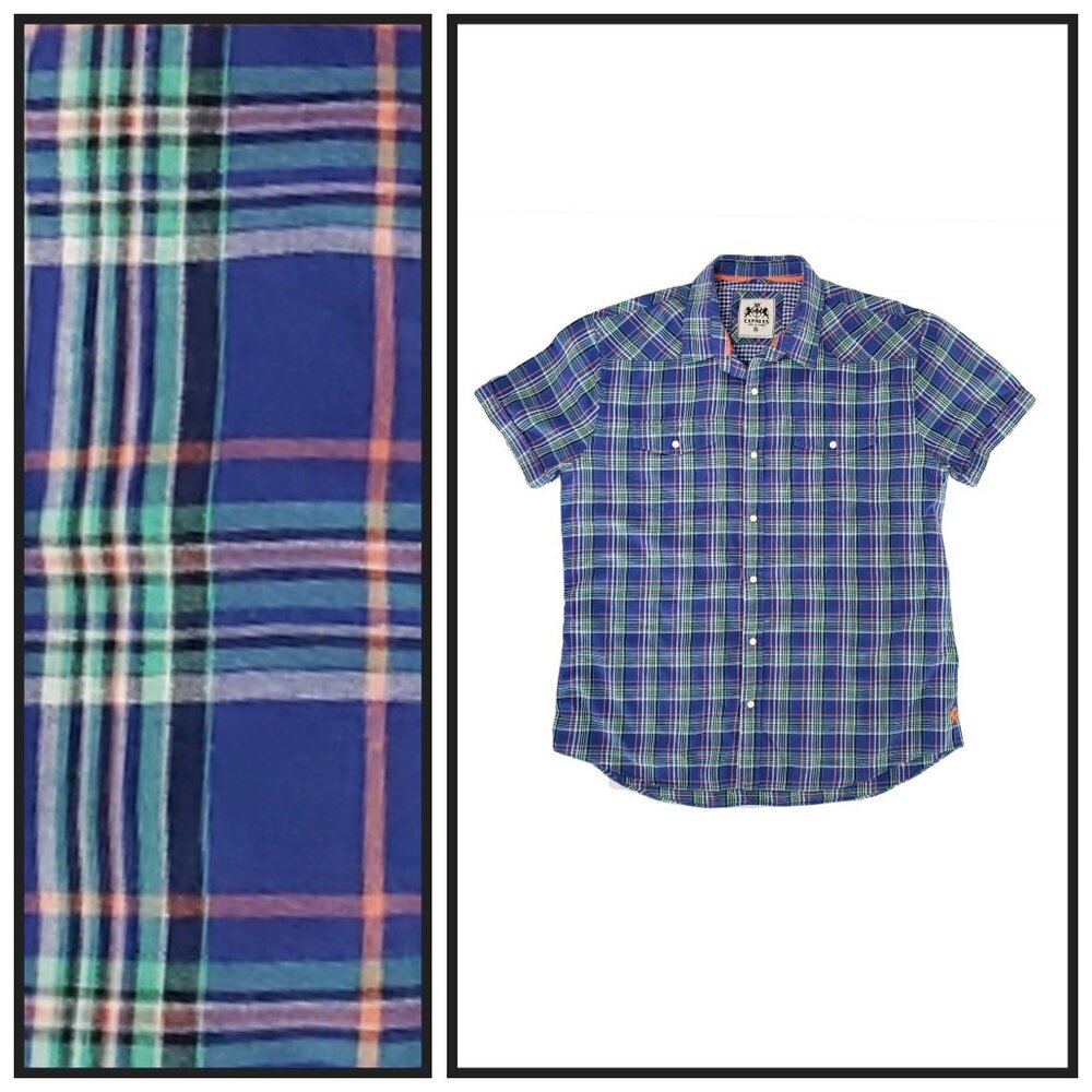Express Men’s L Blue Plaid Snap Button Short Sleeve Shirt